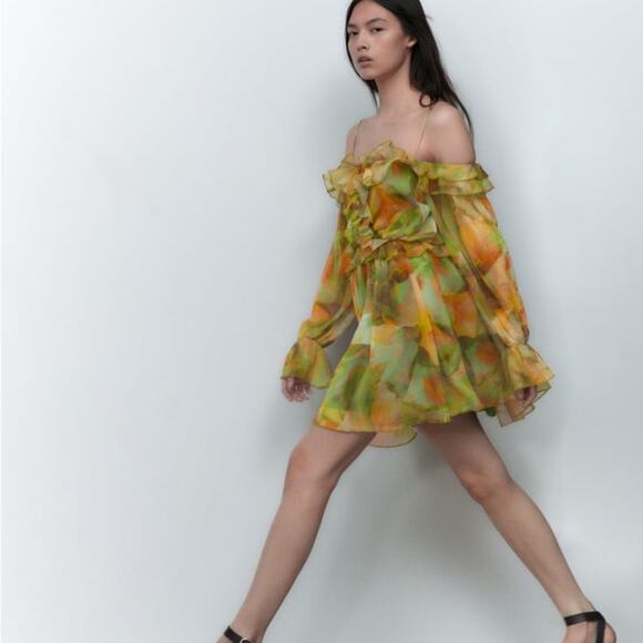 ZARA BLOGGER FAVORITE PRINTED TULLE DRESS GREEN - Picture 7 of 15